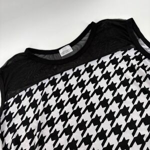 Hot Ginger Houndstooth Mesh Yoke Sleeveless Top 1X Black White High Low
